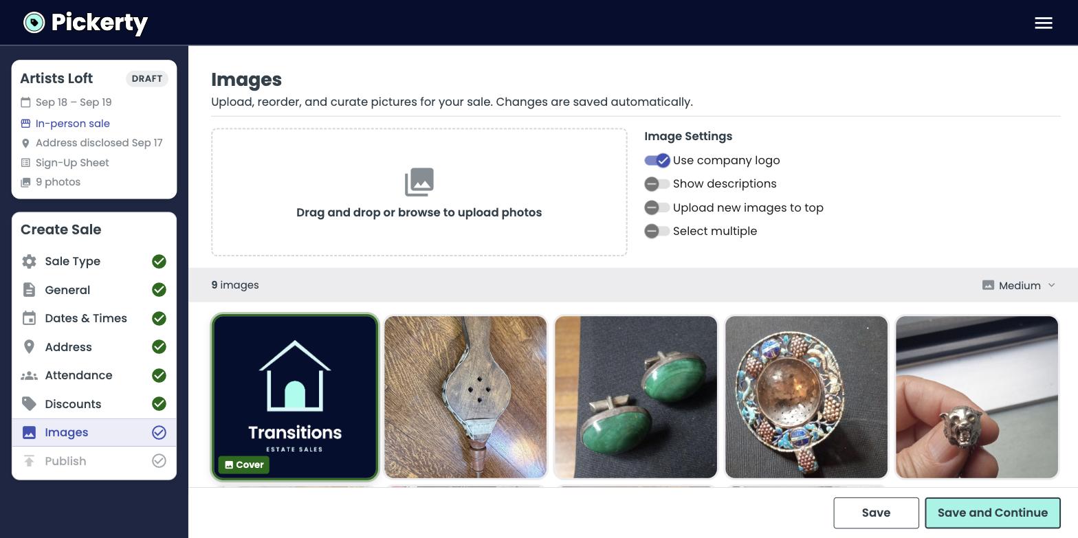 The Images step. The text under the heading confirms your photos save automatically.