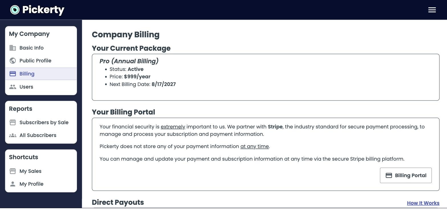 The Billing page. Your plan at the top, the Stripe billing portal underneath.
