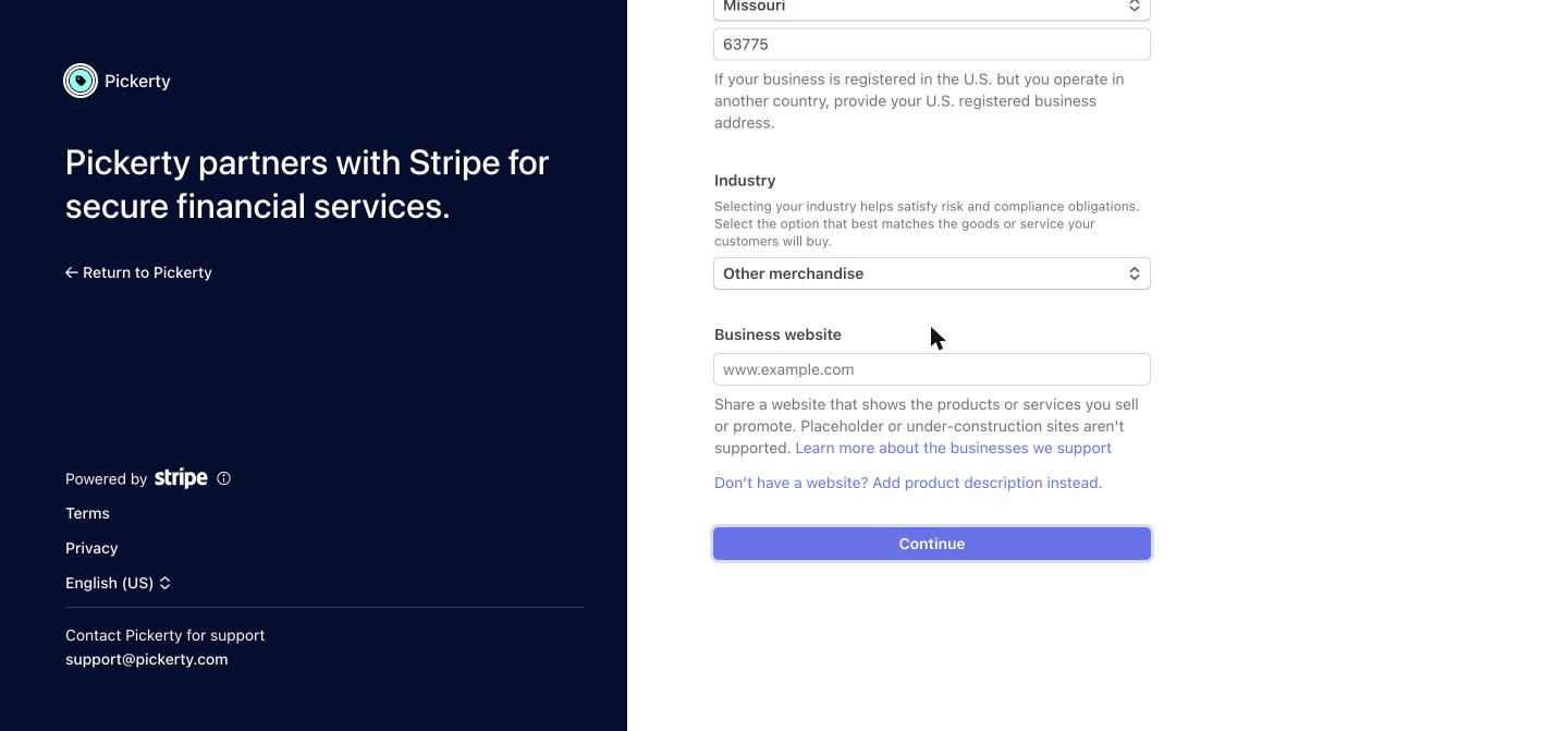 Industry set to Other merchandise, and the website field with the product-description link underneath it.