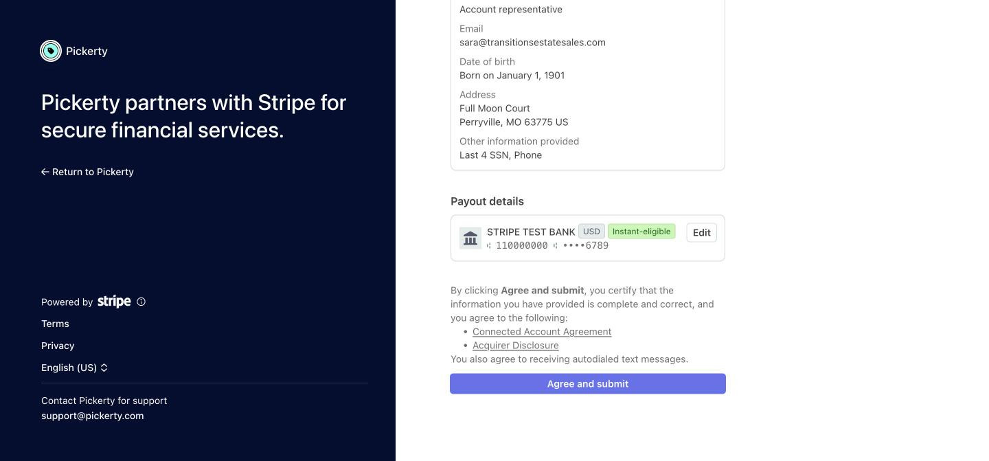 The bottom of the review screen where you click Agree and submit to connect your bank account.