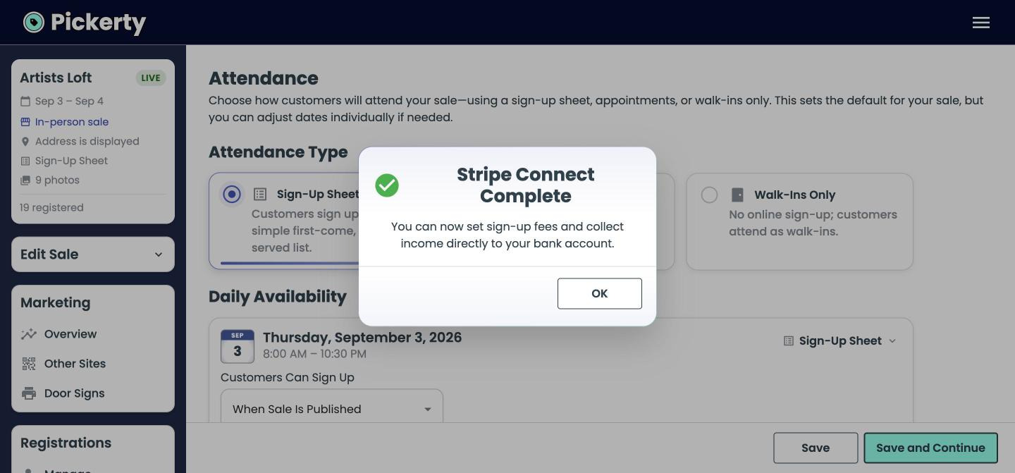 Back in Pickerty, on the step you left. This is the confirmation that you can now charge for spots.